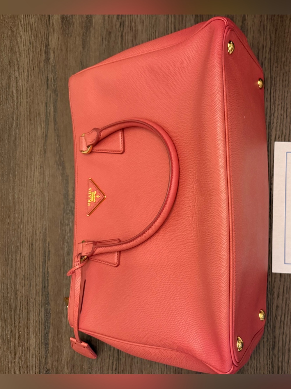 Prada Coral Pink Saffiano Lux Galleria Double Zip Leather Satchel Gold Hardware